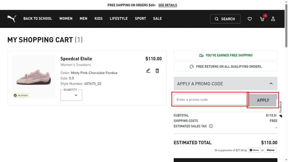 Puma checkout page showing the Enter a promo code field and APPLY button