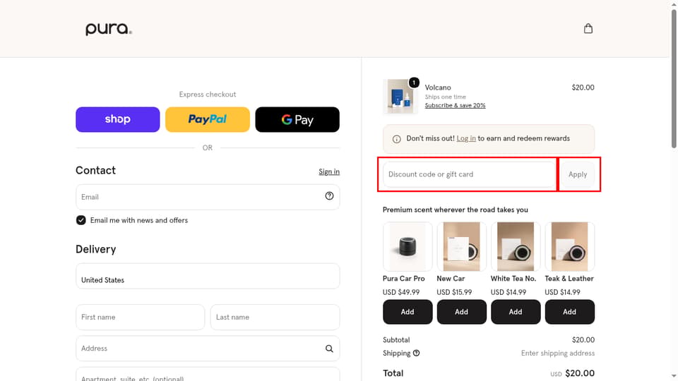 Pura checkout page showing the Discount code or gift card field and Apply button