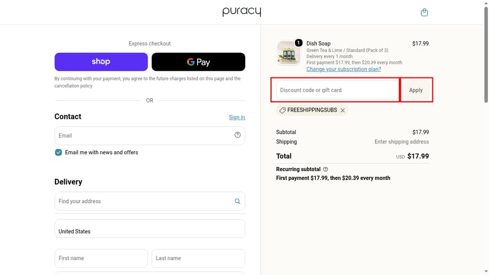 Puracy checkout page showing the Discount code or gift card field and Apply button