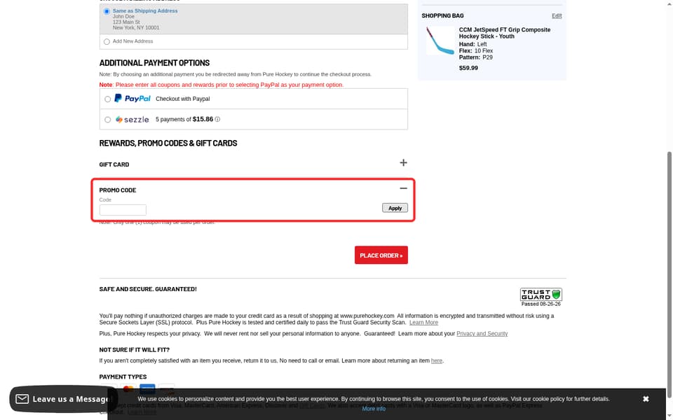 Pure Hockey checkout page showing the Code field and Apply button