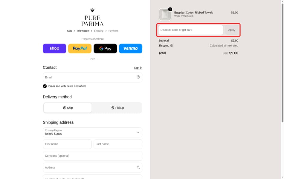 Pure Parima checkout page showing the Discount code or gift card field and Apply button