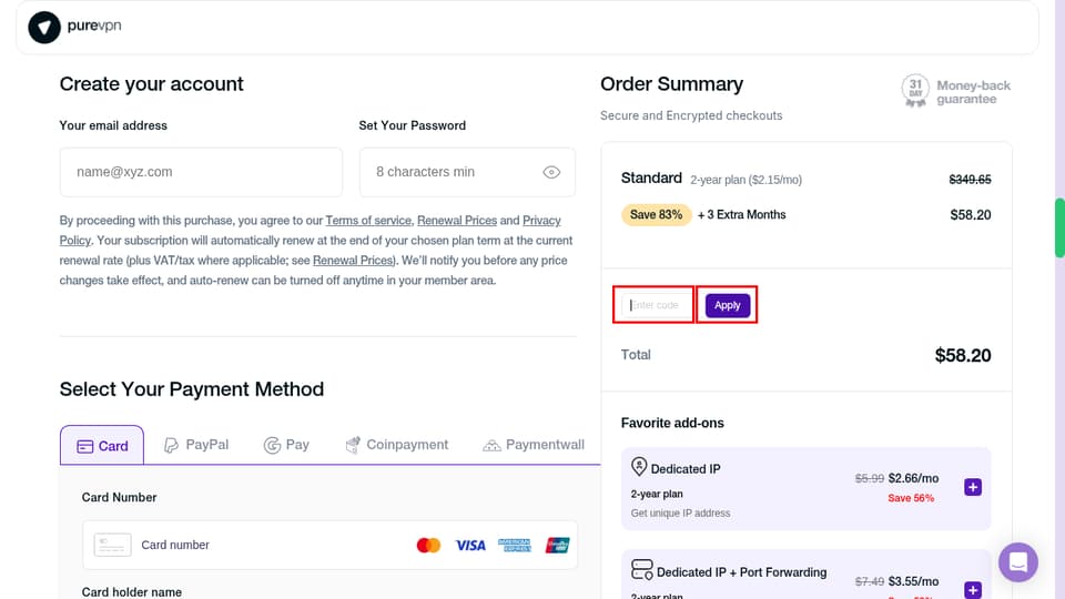 PureVPN checkout page showing the Enter code field and Apply button