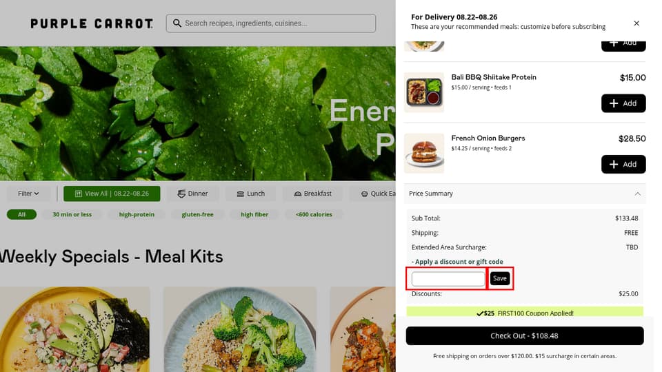 Purple Carrot checkout page showing the add-coupon-input field and Save button