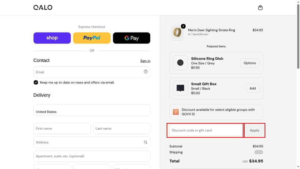 QALO checkout page showing the Discount code or gift card field and Apply button