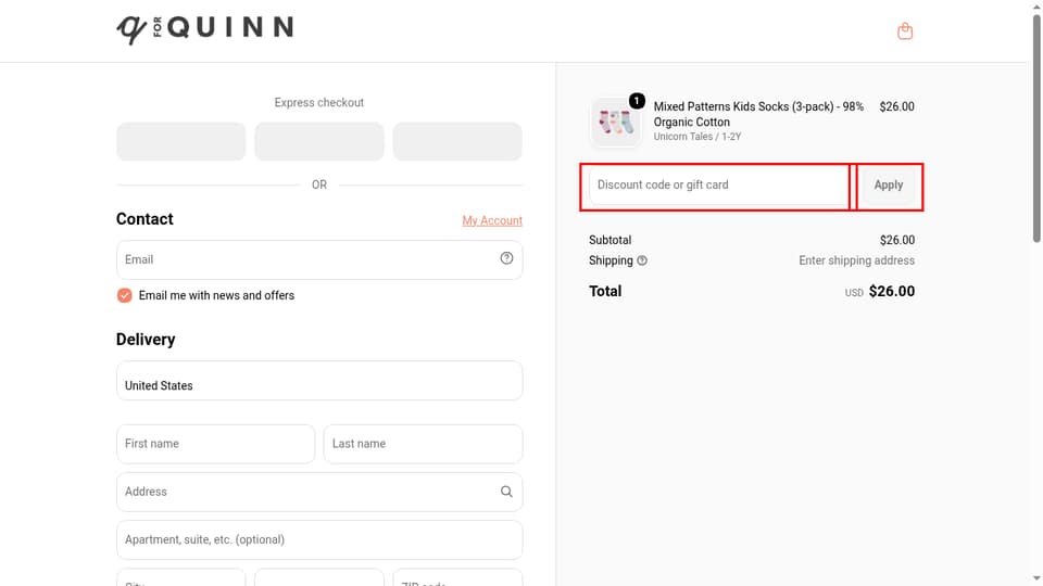 Q for Quinn checkout page showing the Discount code or gift card field and Apply button