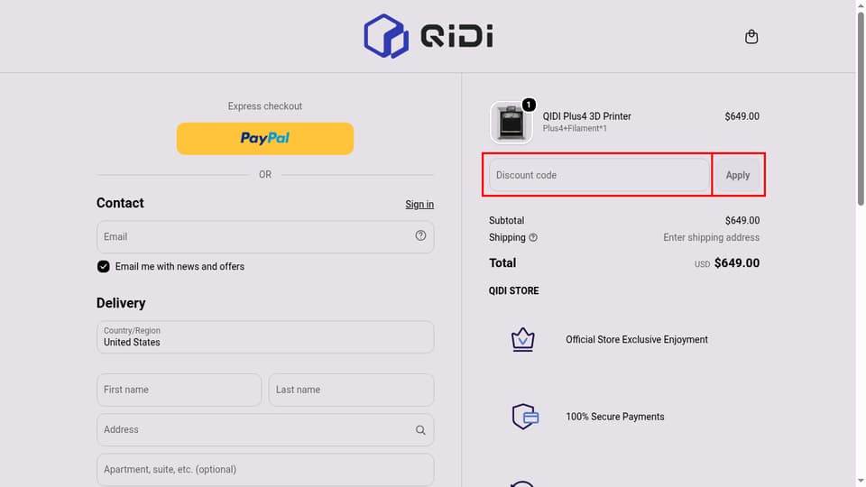 QIDI Tech checkout page showing the Discount code field and Apply button