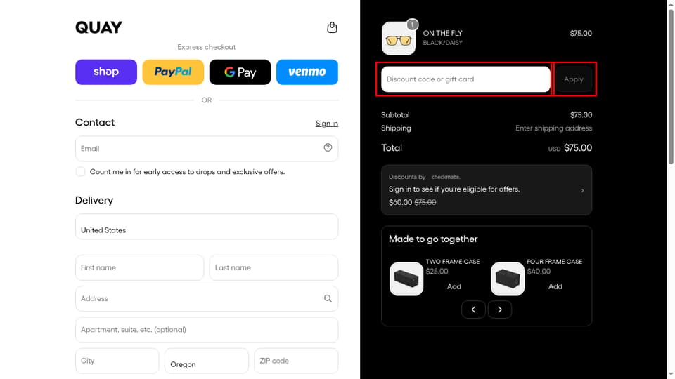 Quay checkout page showing the Discount code or gift card field and Apply button