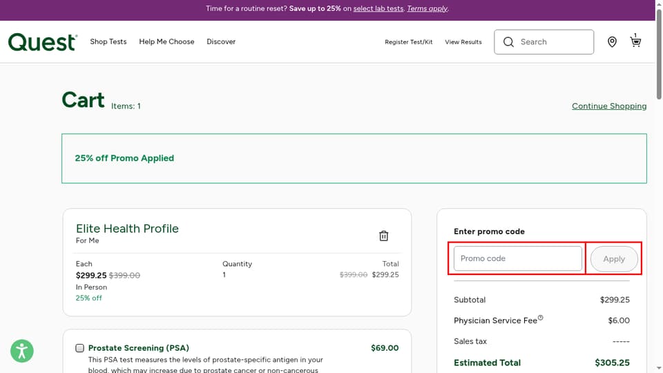 Quest checkout page showing the Promo code field and Apply button