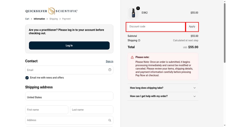 Quicksilver Scientific checkout page showing the Discount code field and Apply button