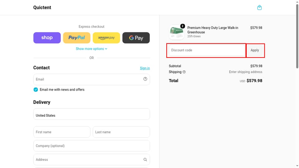 Quictent checkout page showing the Discount code field and Apply button