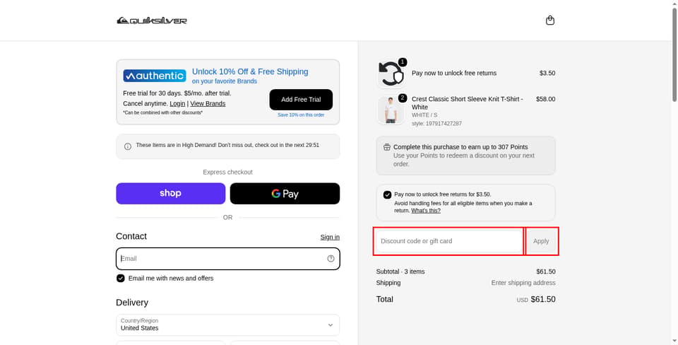 Quiksilver checkout page showing the 