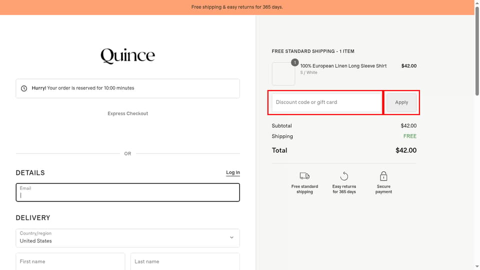 Quince checkout page showing the Discount code or gift card field and Apply button