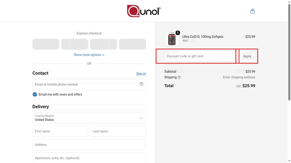 Qunol checkout page showing the Discount code or gift card field and Apply button