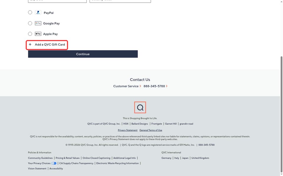 QVC checkout page showing the Add a QVC Gift Card field and Apply button