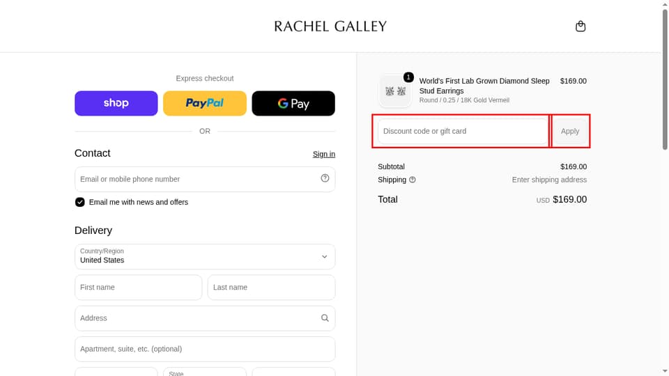 Rachel Galley checkout page showing the Discount code or gift card field and Apply button