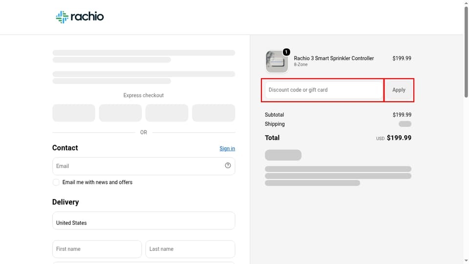 Rachio checkout page showing the Discount code or gift card field and Apply button