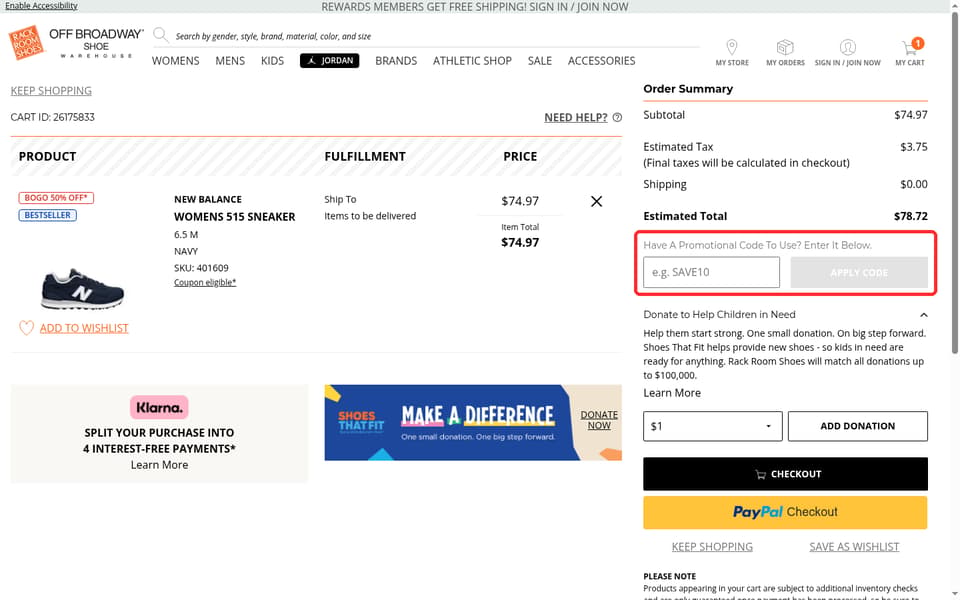 Rack Room Shoes checkout page showing the e.g. SAVE10 field and Apply Code button