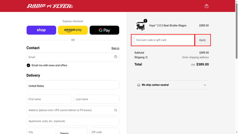 Radio Flyer checkout page showing the Discount code or gift card field and Apply button
