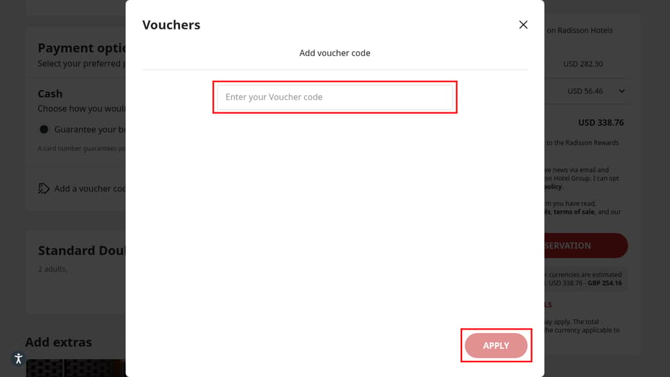 Radisson Hotels checkout page showing the Enter your Voucher code field and APPLY button