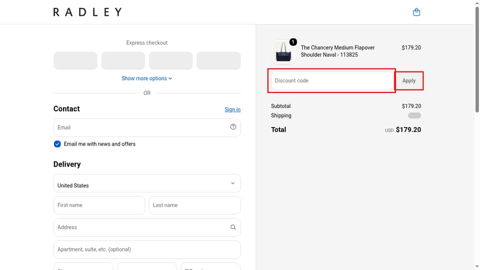 Radley London checkout page showing the Discount code field and Apply button