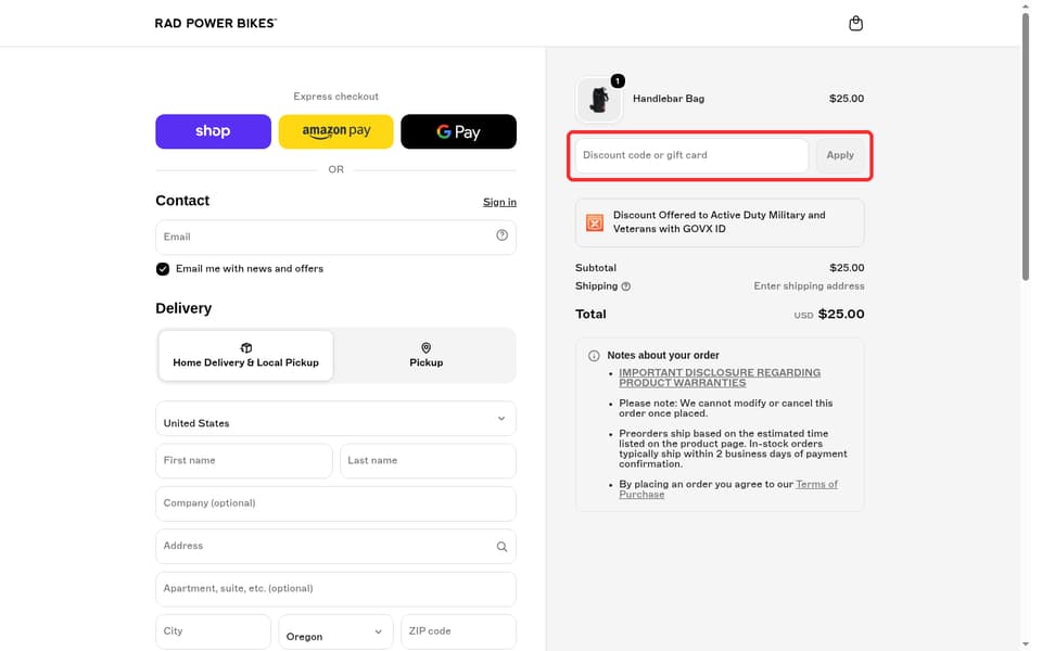 Rad Power Bikes checkout page showing the Discount code or gift card field and Apply button