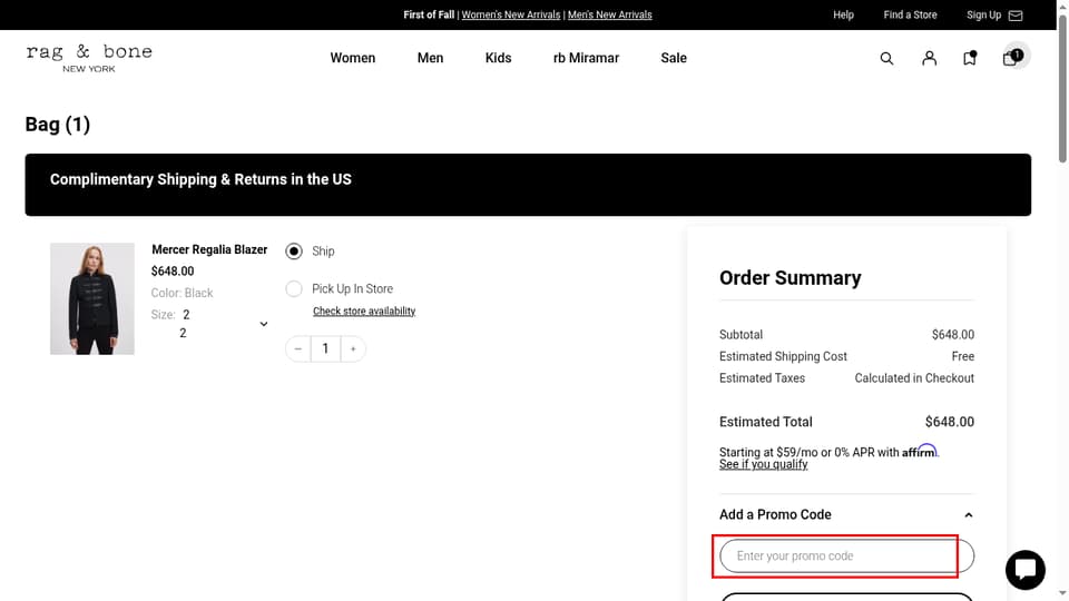 Rag & Bone checkout page showing the Enter your promo code field and Apply button