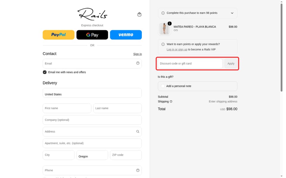 Rails checkout page showing the Discount code or gift card field and Apply button