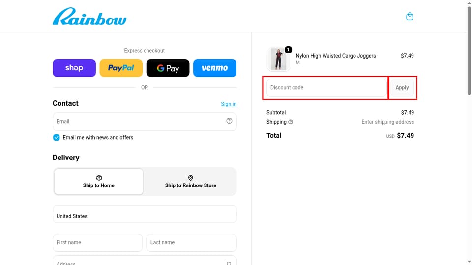 Rainbow Shops checkout page showing the Discount code field and Apply button