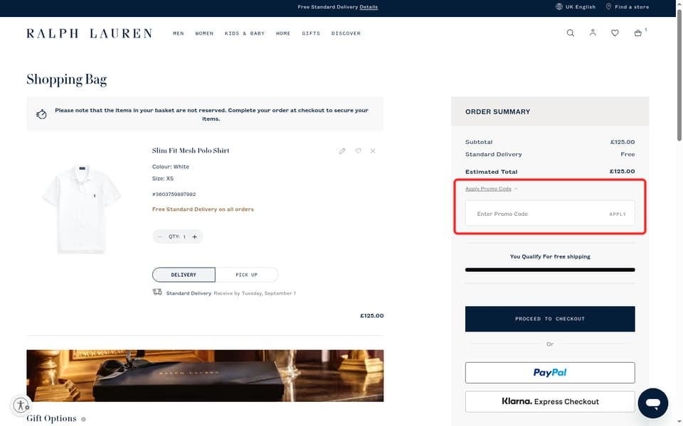 Ralph Lauren checkout page showing the Enter Promo Code field and Apply button