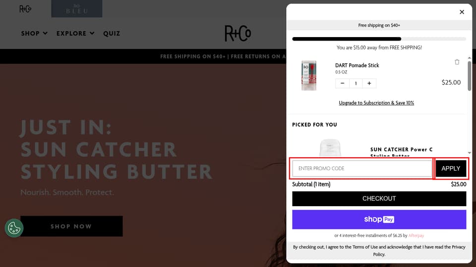 R+Co checkout page showing the Enter Promo Code field and APPLY button