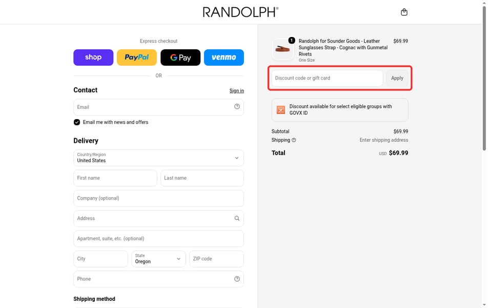 Randolph USA checkout page showing the Discount code or gift card field and Apply button