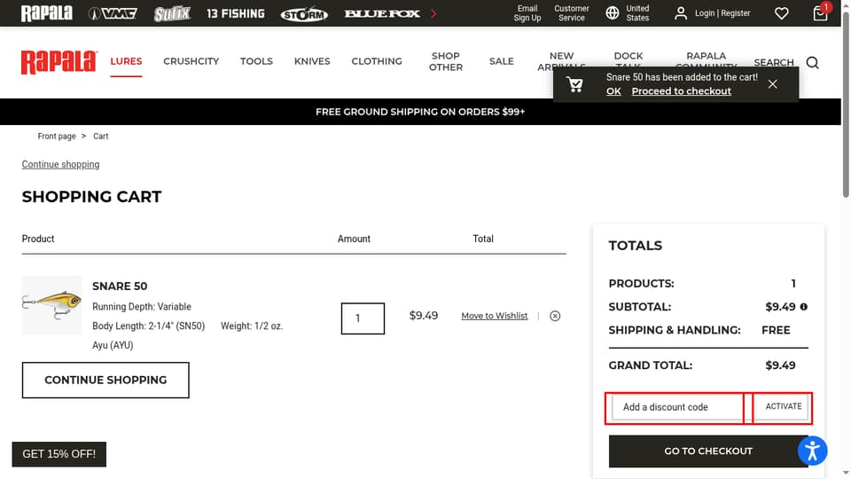 Rapala checkout page showing the Add a discount code field and Activate button