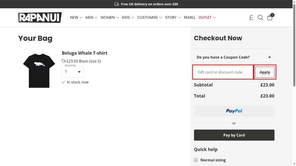 Rapanui Clothing checkout page showing the Gift card or discount code field and Apply button