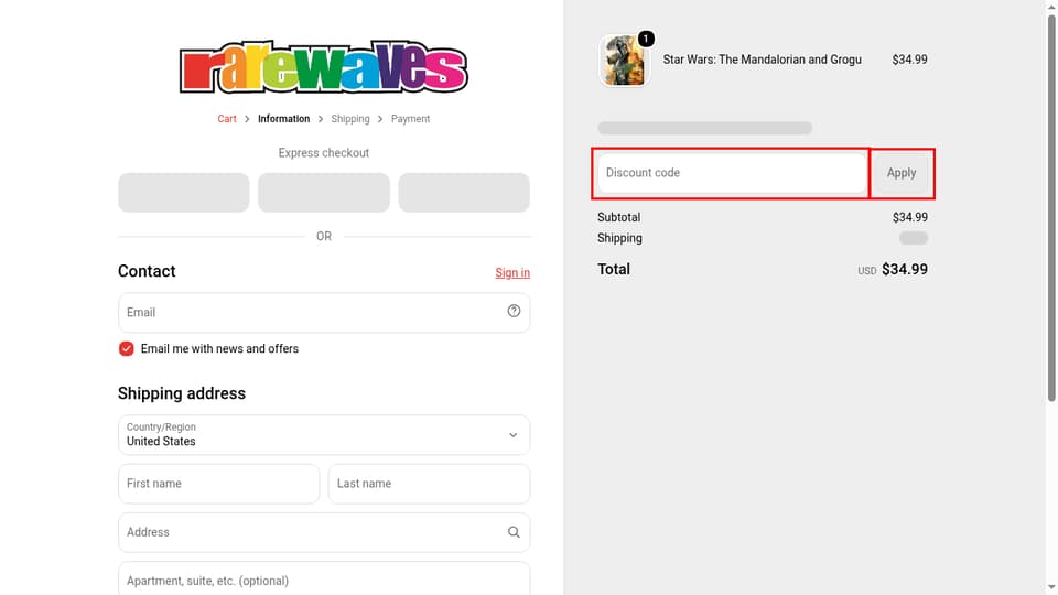 Rarewaves checkout page showing the Discount code field and Apply button