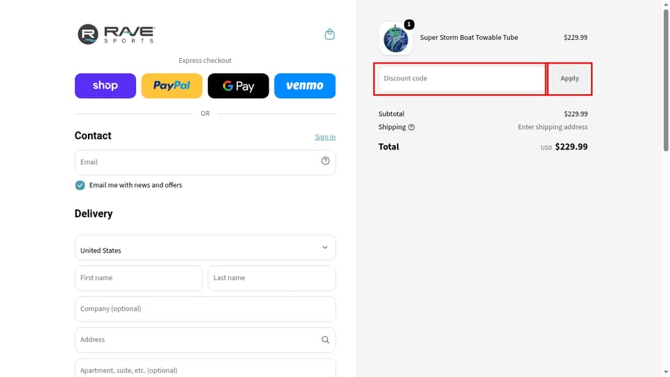 RAVE Sports checkout page showing the Discount code field and Apply button