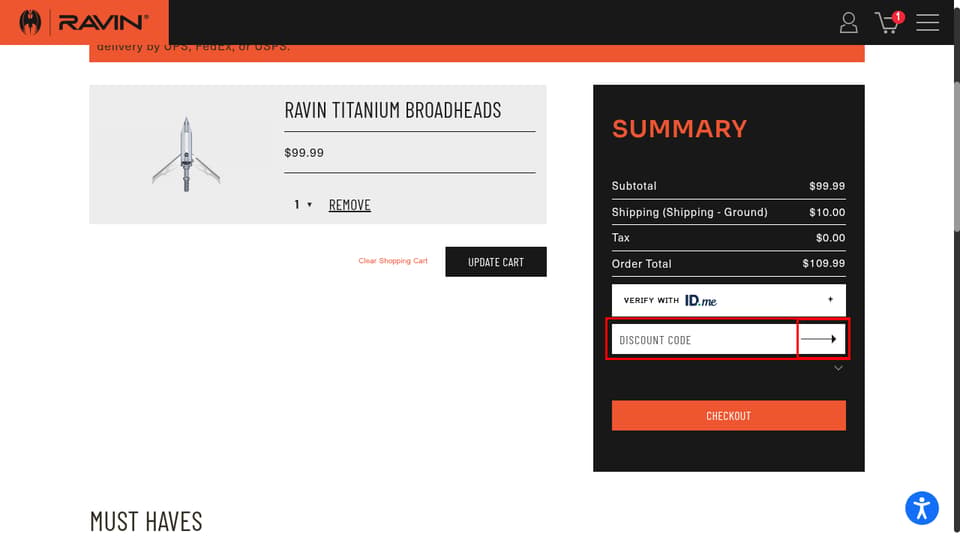 Ravin Crossbows checkout page showing the Discount code field and Apply button