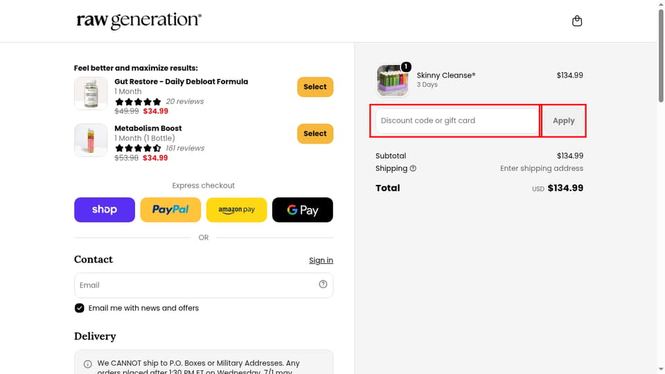 Raw Generation checkout page showing the Discount code or gift card field and Apply button