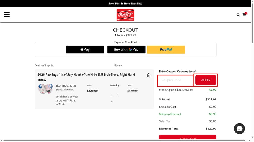 Rawlings checkout page showing the Coupon Code field and Apply button