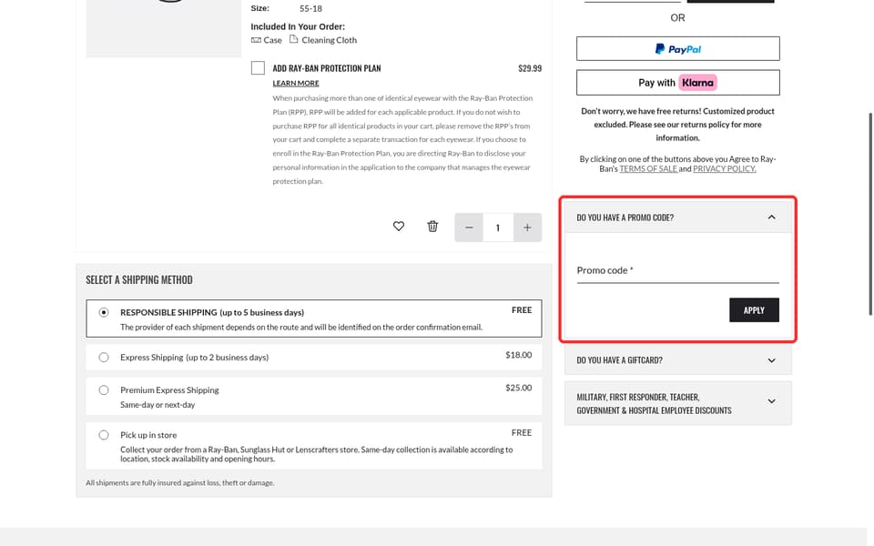 Ray-Ban checkout page showing the Promo code * field and APPLY button