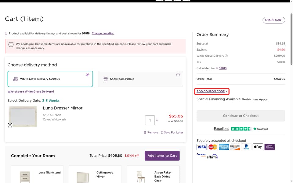 Raymour & Flanigan checkout page showing the ADD COUPON CODE field and Apply button