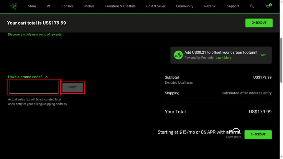 Razer checkout page showing the Have a promo code? field and Apply button
