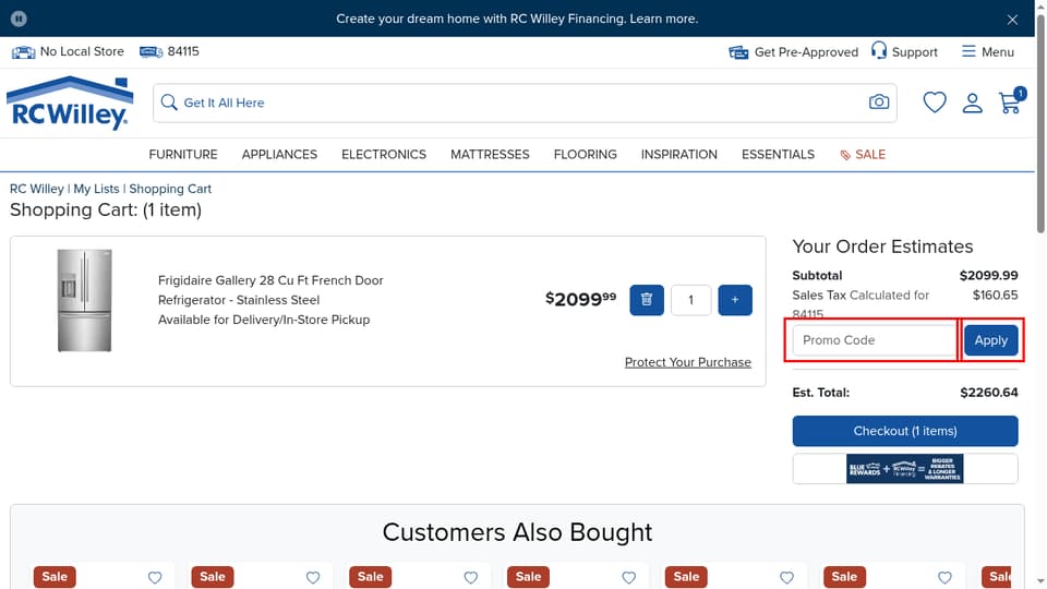 R.C. Willey checkout page showing the Promo Code field and Apply button