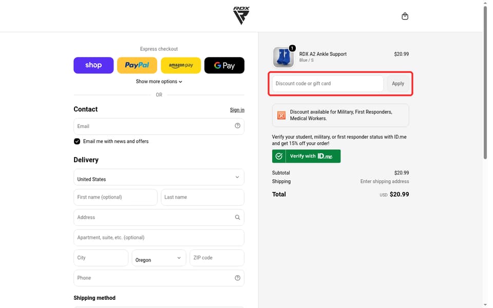 RDX Sports checkout page showing the Discount code or gift card field and Apply button