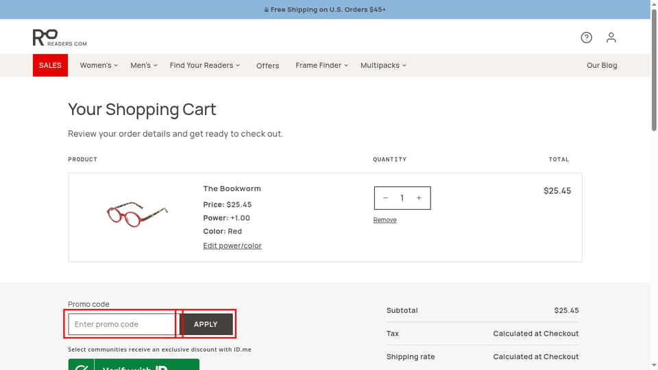 Readers.com checkout page showing the Enter promo code field and Apply button