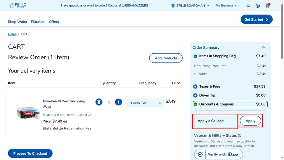 ReadyRefresh checkout page showing the Apply a Coupon field and Apply button