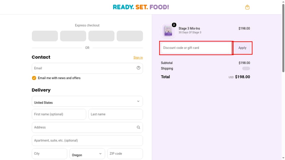 Ready. Set. Food! checkout page showing the Discount code or gift card field and Apply button