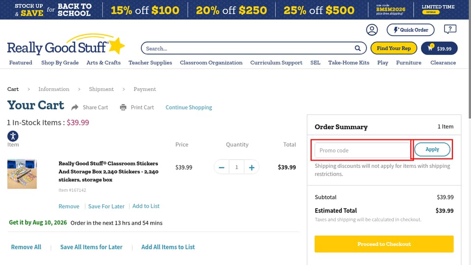 Really Good Stuff checkout page showing the Promo code field and Apply button