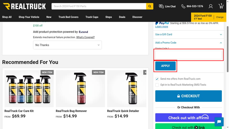 RealTruck checkout page showing the Promo Code * field and APPLY button