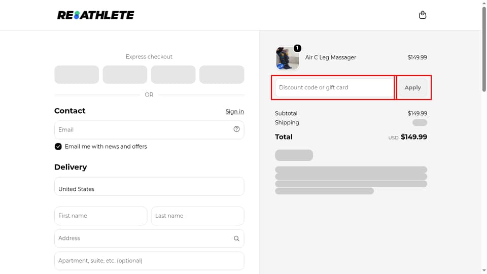 REATHLETE checkout page showing the Discount code or gift card field and Apply button