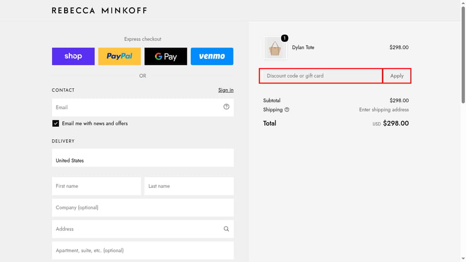 Rebecca Minkoff checkout page showing the Discount code or gift card field and Apply button